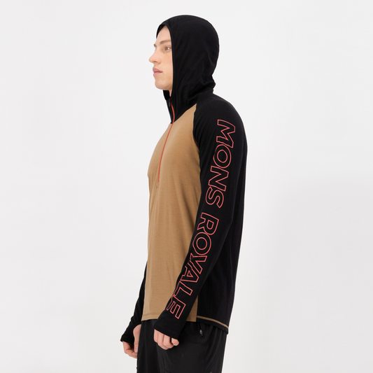 Mons Royale (Sample) - Men's Temple Merino Long Sleeve Hood - Black/Toffee - Futureproof.life