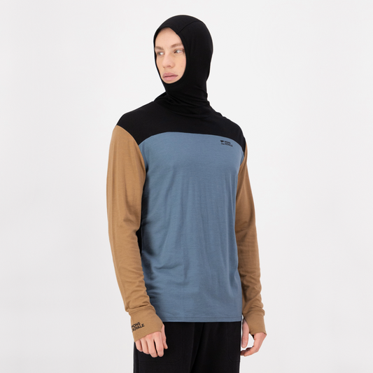 Mons Royale - Men's Yotei Merino Powder Hood Long Sleeve - Goblin Blue/Toffee/Black