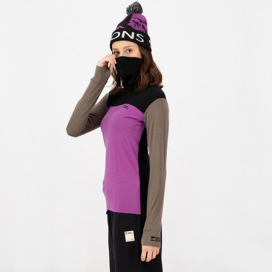 Mons Royale - Women's Yotei Merino High Neck Long Sleeve - Purple Bolt/Walnut/Black