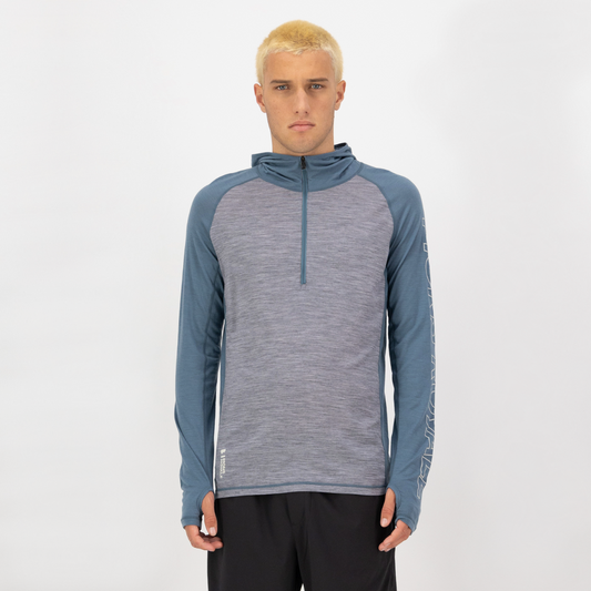 Mons Royale - Men's Temple Merino Long Sleeve Hood - Grey Heather/Goblin Blue
