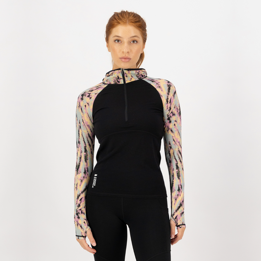 Mons Royale - Women's Bella Merino Long Sleeve Hood - Rad Things/Black