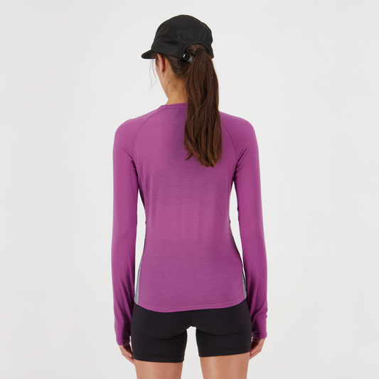 Mons Royale (Sample) - Women's Bella Merino Long Sleeve - Purple Bolt/Grey Heather