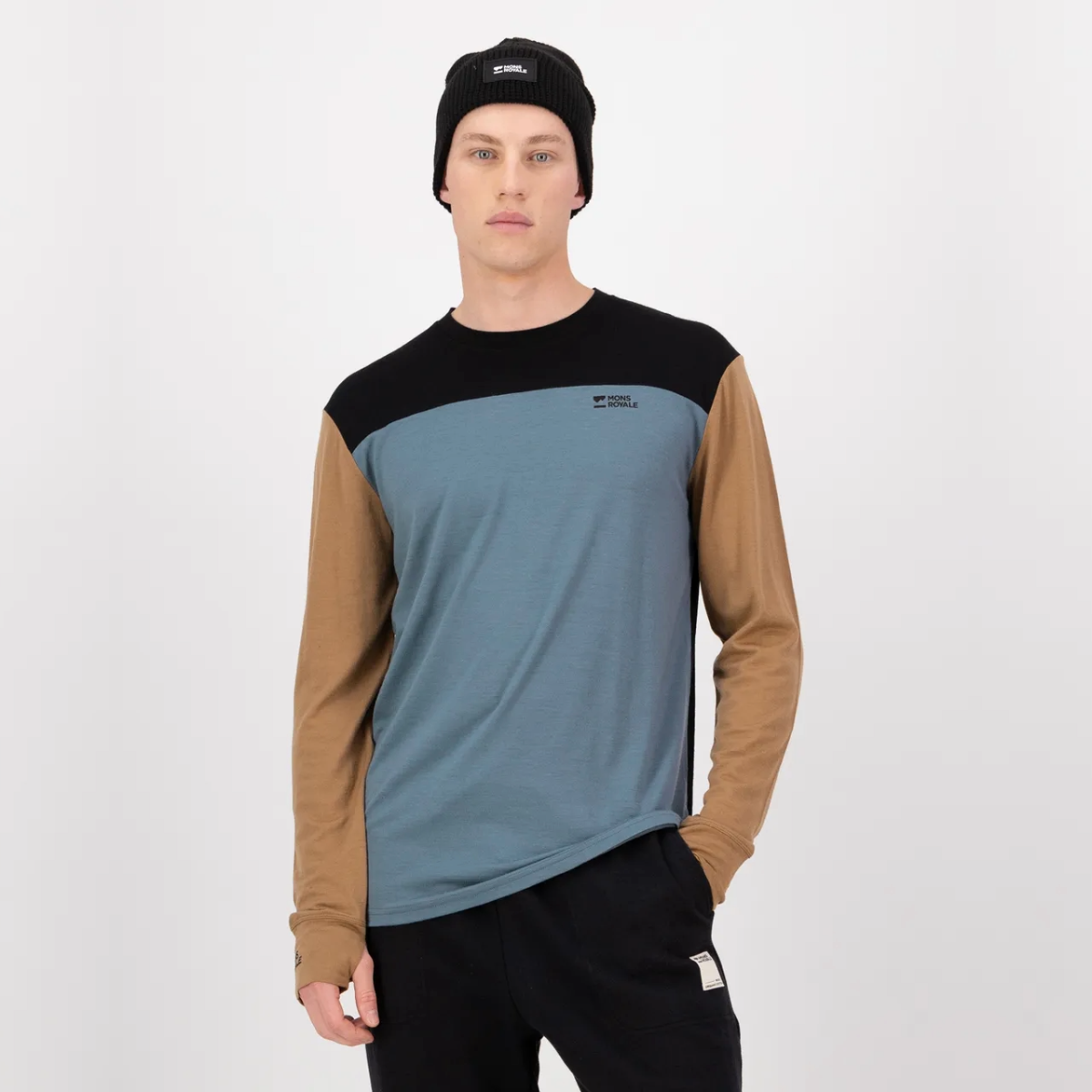 Mons Royale - Men's Yotei Merino Long Sleeve - Goblin Blue/Toffee/Black