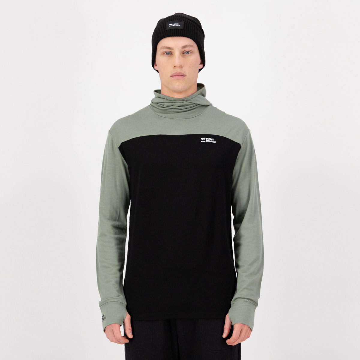 Mons Royale - Men's Yotei Merino Powder Hood Long Sleeve - Willow/Black