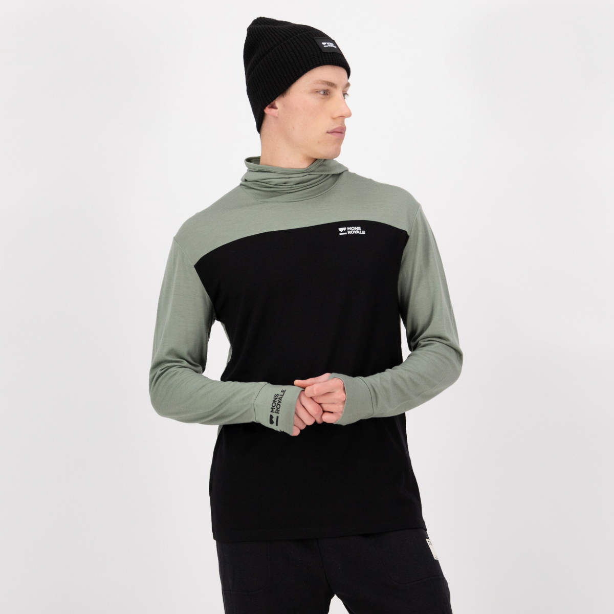 Mons Royale - Men's Yotei Merino Powder Hood Long Sleeve - Willow/Black