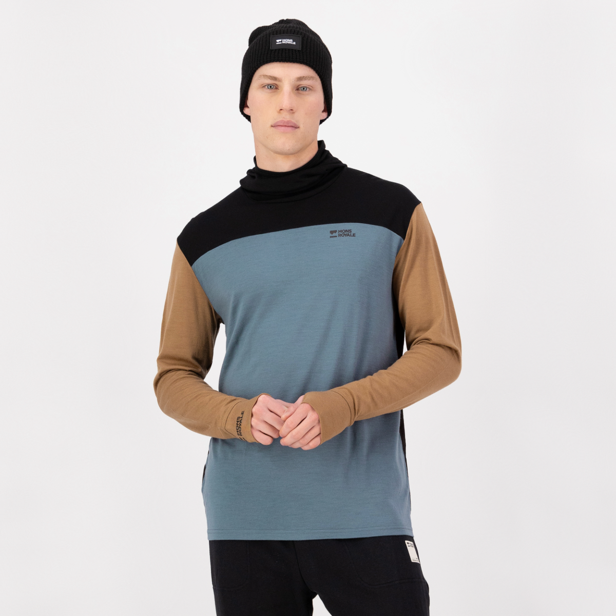 Mons Royale - Men's Yotei Merino Powder Hood Long Sleeve - Goblin Blue/Toffee/Black