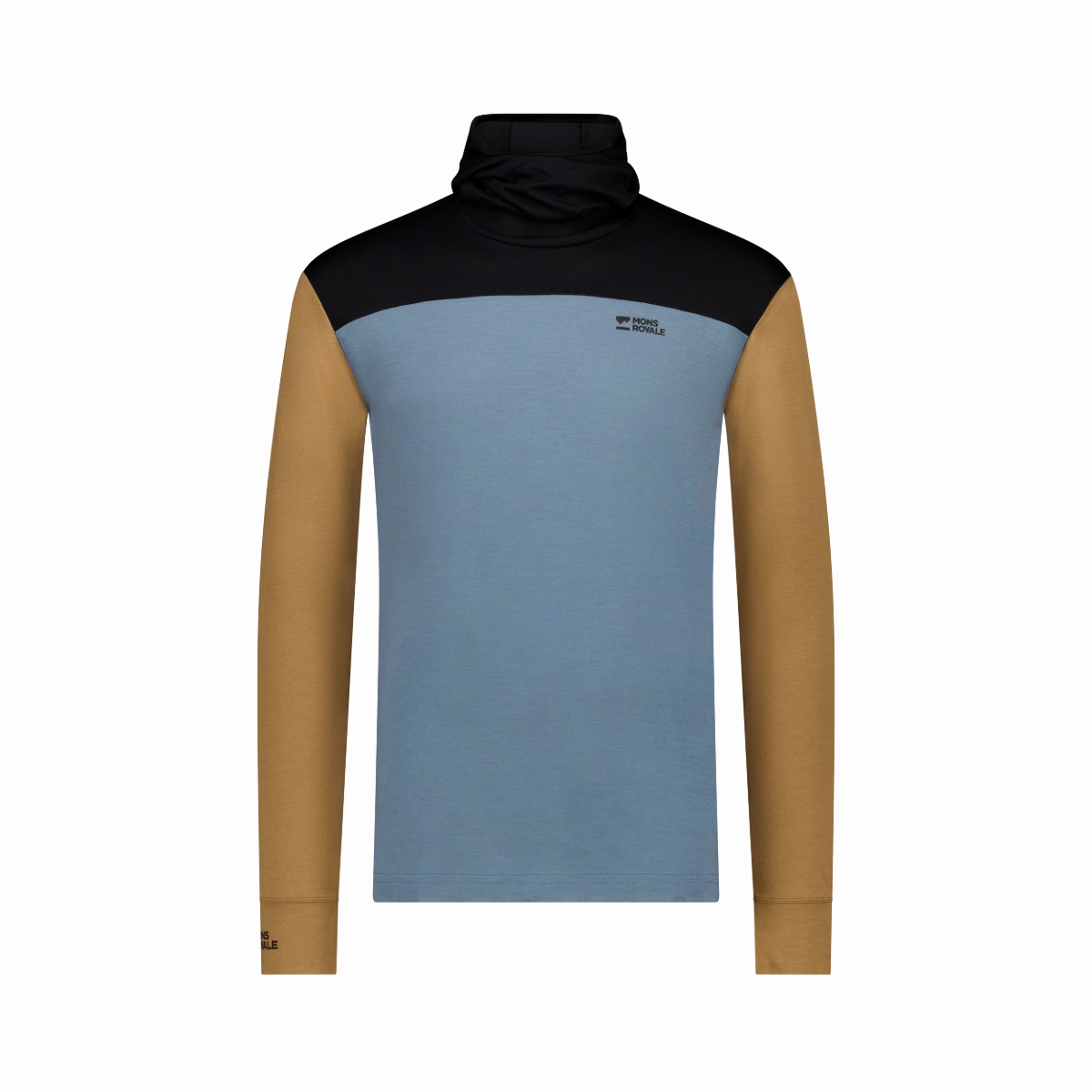 Mons Royale - Men's Yotei Merino Powder Hood Long Sleeve - Goblin Blue/Toffee/Black