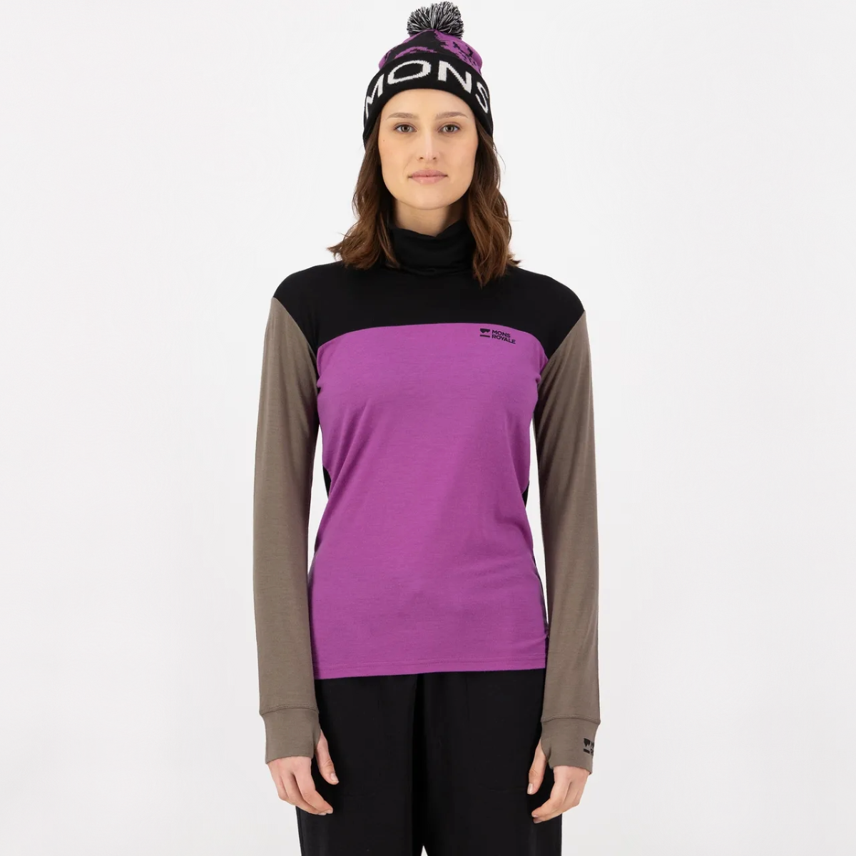 Mons Royale - Women's Yotei Merino High Neck Long Sleeve - Purple Bolt/Walnut/Black
