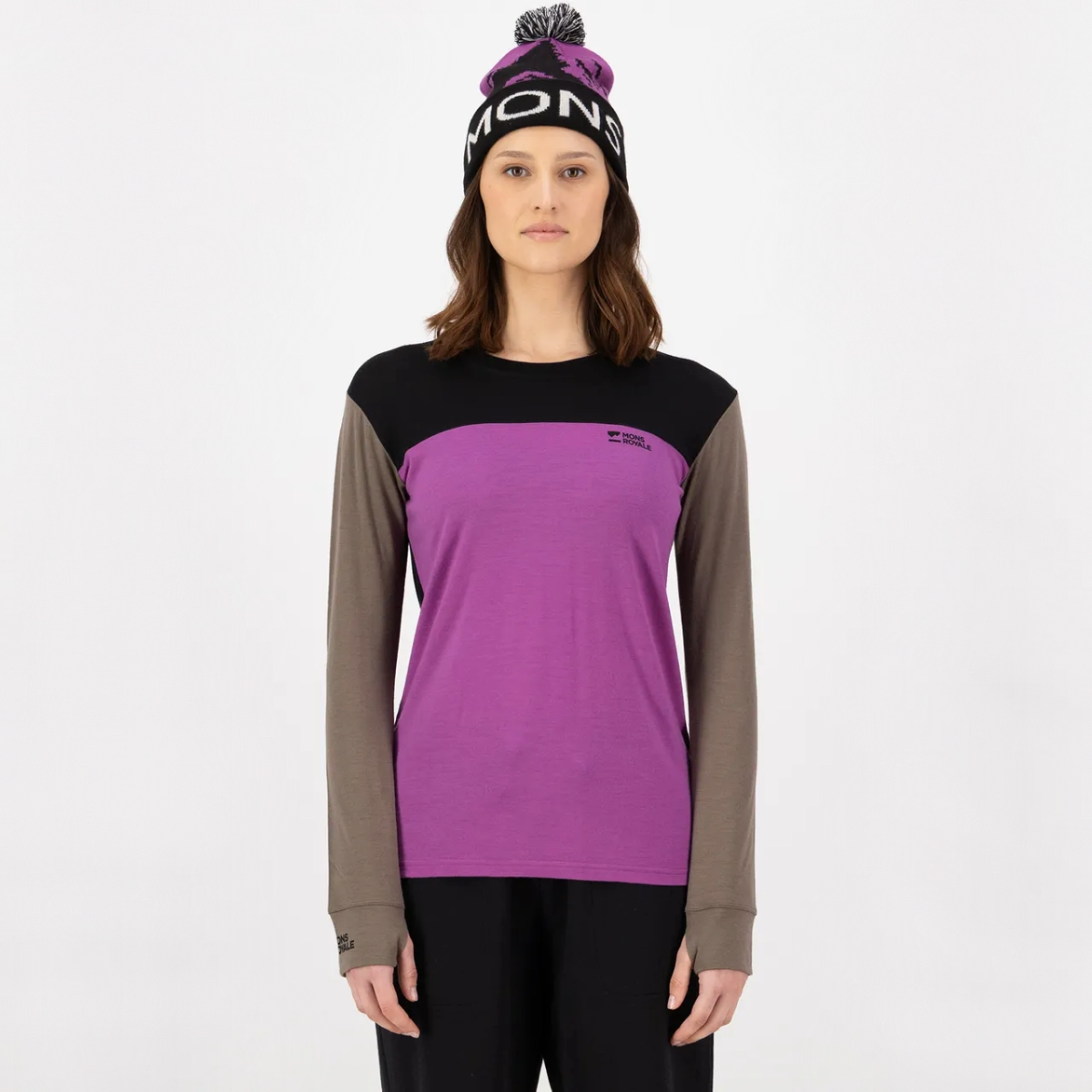 Mons Royale - Women's Yotei Merino Long Sleeve - Purple Bolt/Walnut/Black