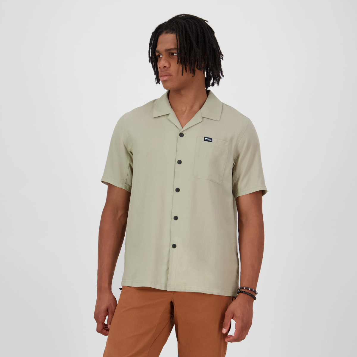 Mons Royale (Sample) - Men's Breezer Merino Short Sleeve Shirt - Dried Eucalyptus - Futureproof.life