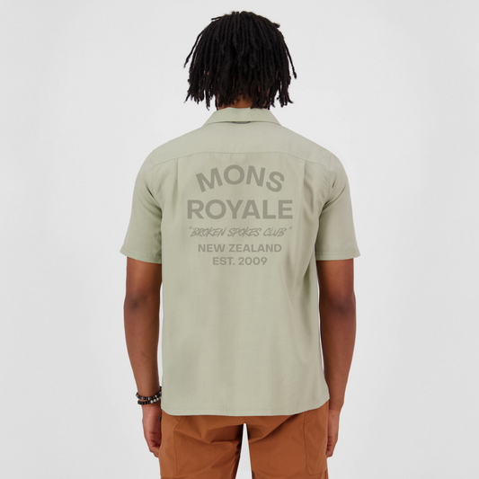 Mons Royale (Sample) - Men's Breezer Merino Short Sleeve Shirt - Dried Eucalyptus - Futureproof.life