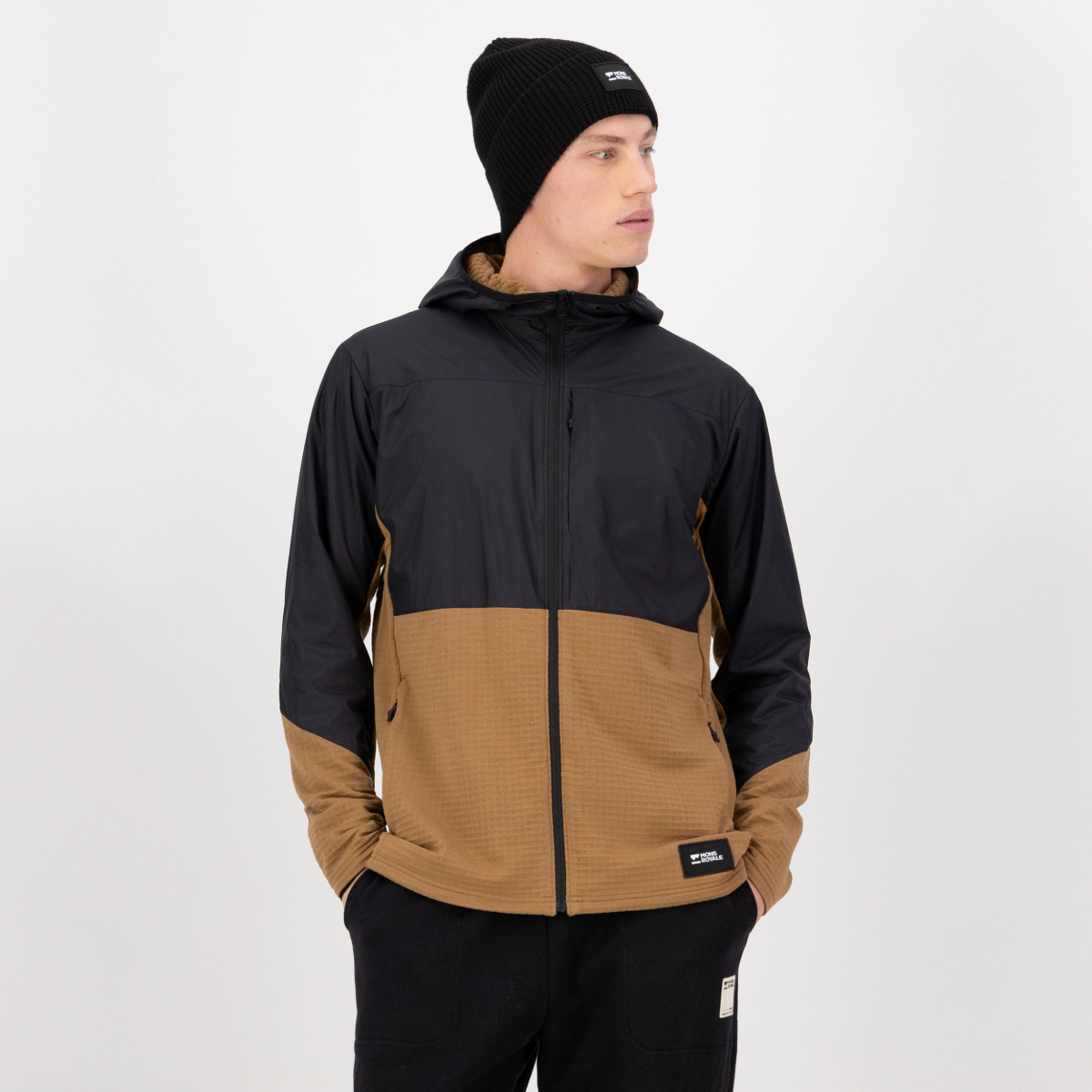 Mons Royale (Sample) - Men's Offgrid Merino Fleece Wind Jacket - Black/Toffee