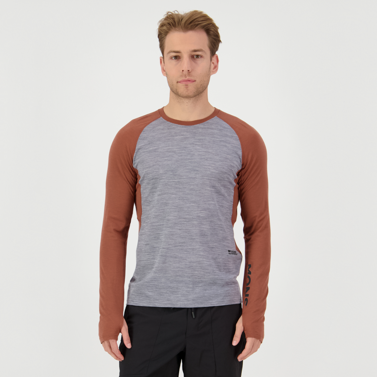 Mons Royale (Sample) - Men's Temple Merino Long Sleeve - Cinnamon/Grey Heather - Futureproof.life