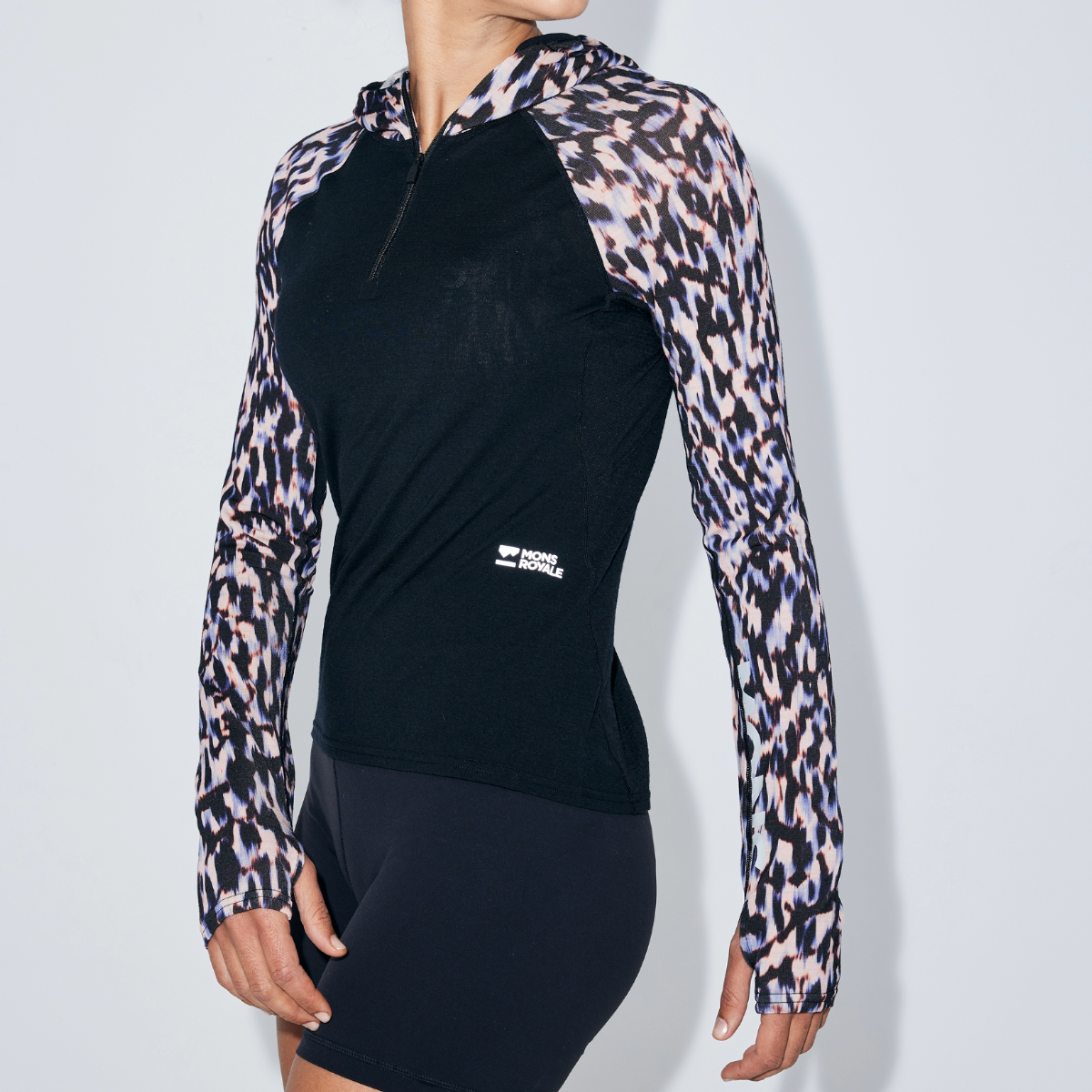 Mons Royale (Sample) - Women's Bella Merino Long Sleeve Hood - Rock Leopard/Black - Futureproof.life