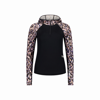 Mons Royale (Sample) - Women's Bella Merino Long Sleeve Hood - Rock Leopard/Black - Futureproof.life