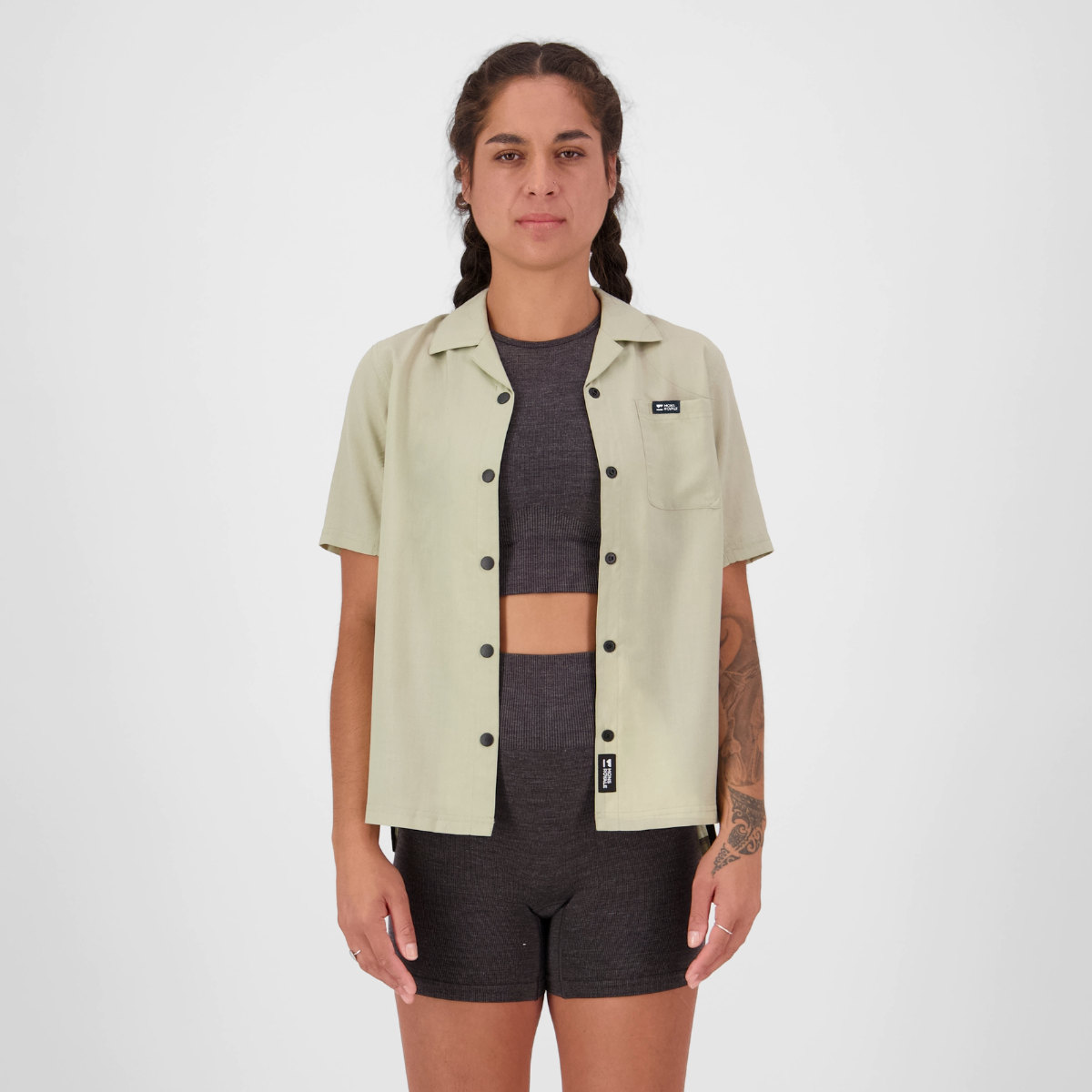 Mons Royale (Sample) - Women's Breezer Merino Short Sleeve Shirt - Dried Eucalyptus