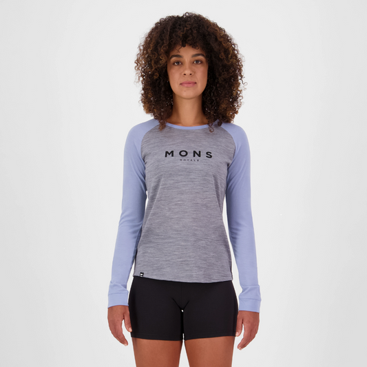 Mons Royale (Sample) - Women's Icon Merino Raglan Long Sleeve - Grey Heather/Skyline