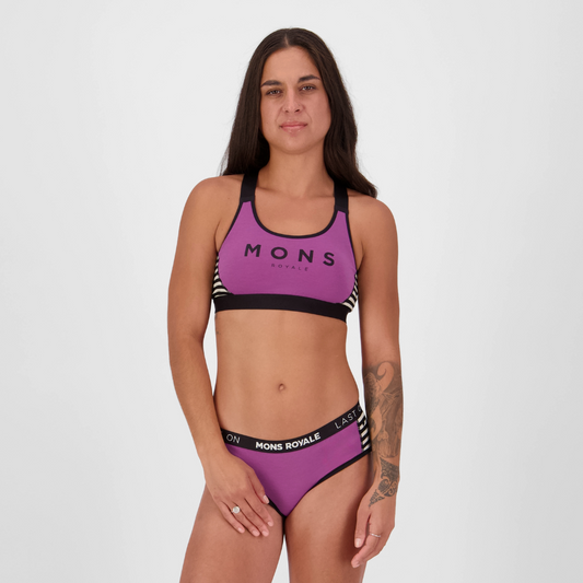 Mons Royale (Sample) - Women's Stella Merino X-Back Bra - Purple Bolt/MR Stripe - Futureproof.life