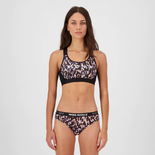 Mons Royale (Sample) - Women's Stella Merino X-Back Bra - Rock Leopard/Black - Futureproof.life